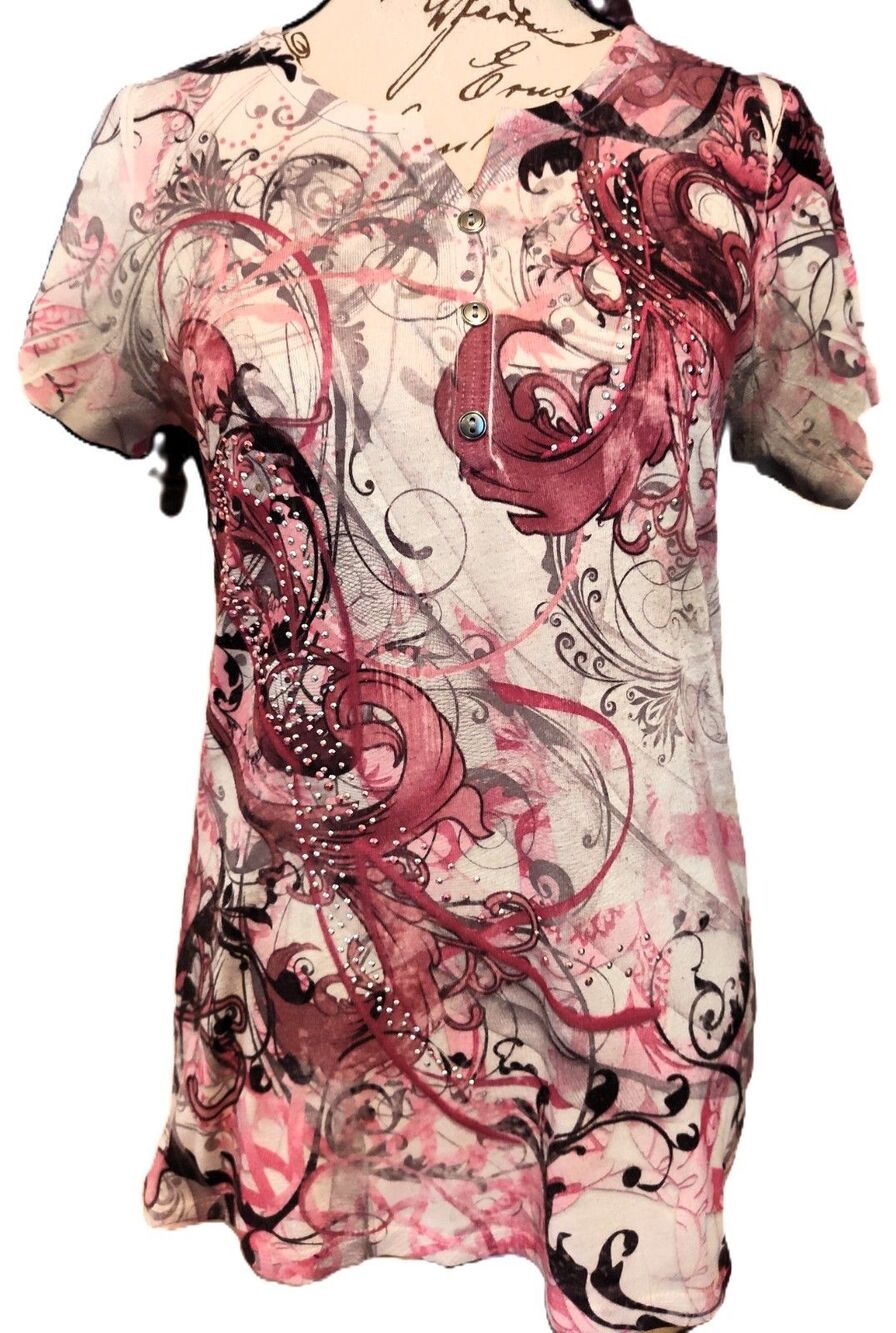 Vintage Fairy Whimsy Goth Pattern Shirt w Silver & Pink Bling Embellishment Sz S